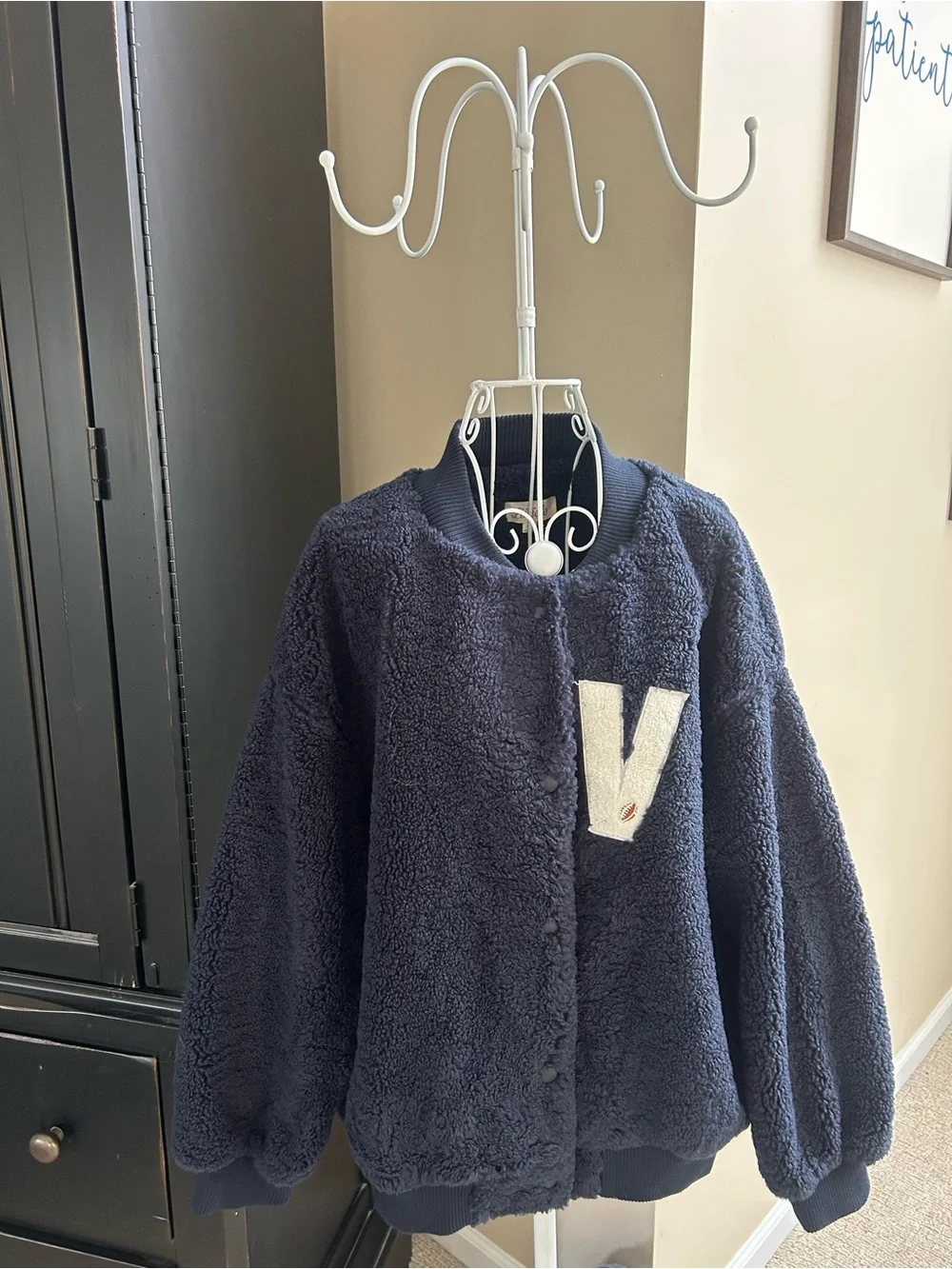 Vici Navy Sherpa Bomber Jacket with Cream 'V' Patch size large
